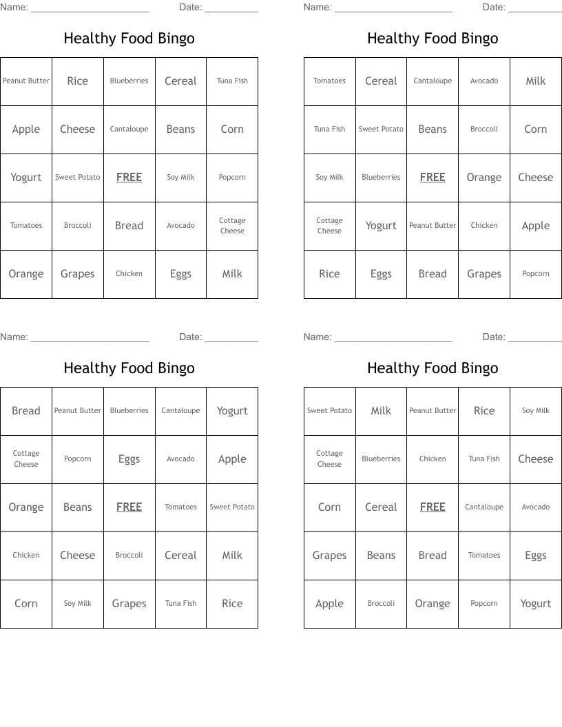 Healthy Food Bingo