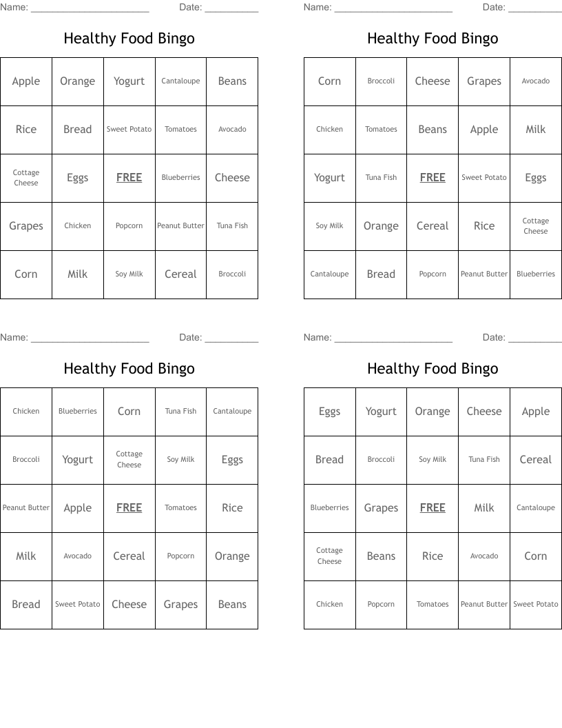 Healthy Food Bingo