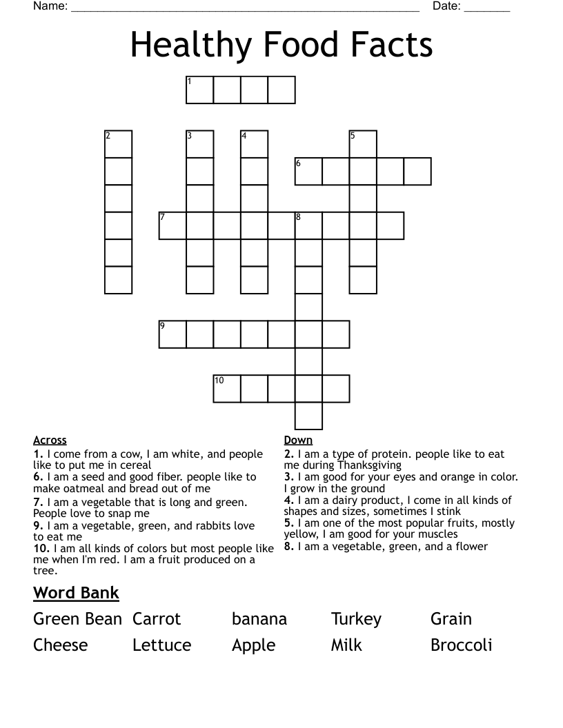 Healthy Food Facts Crossword