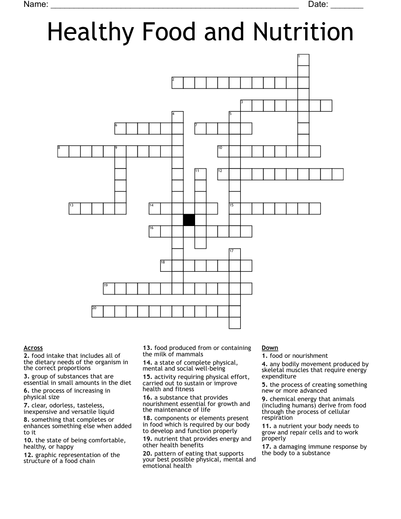 Healthy Food and Nutrition Crossword