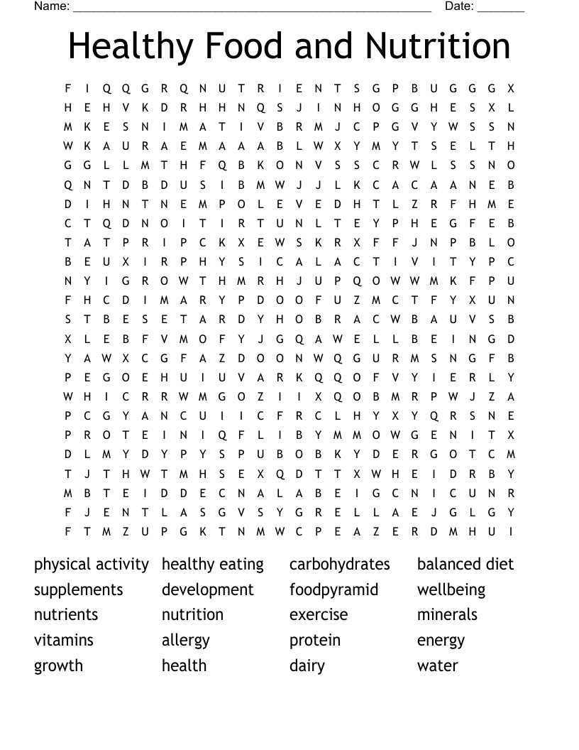 Healthy Food and Nutrition Word Search