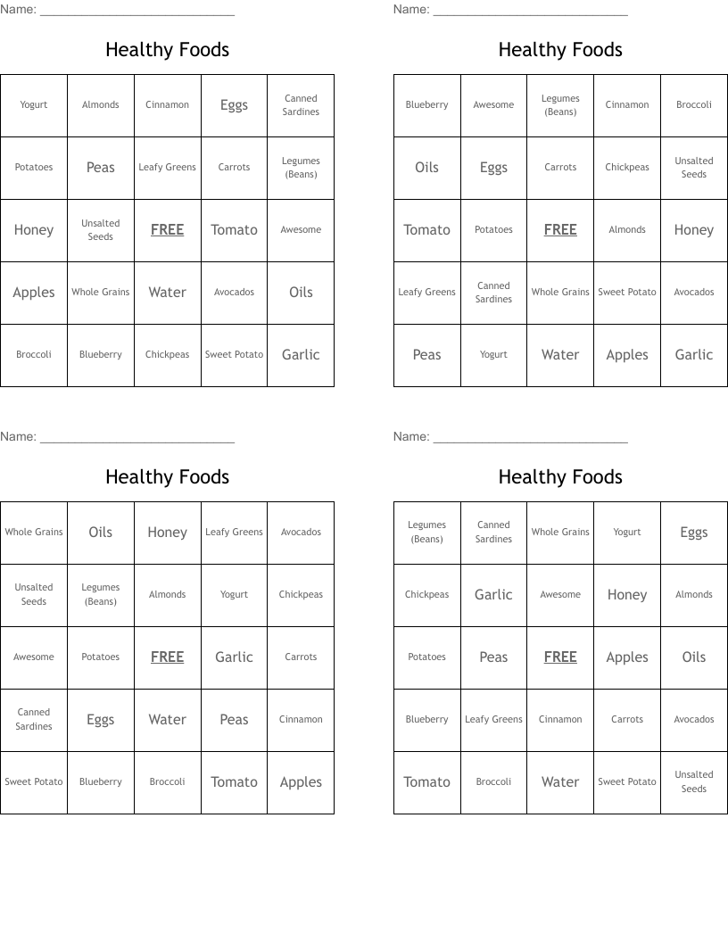 Healthy Foods Bingo Cards
