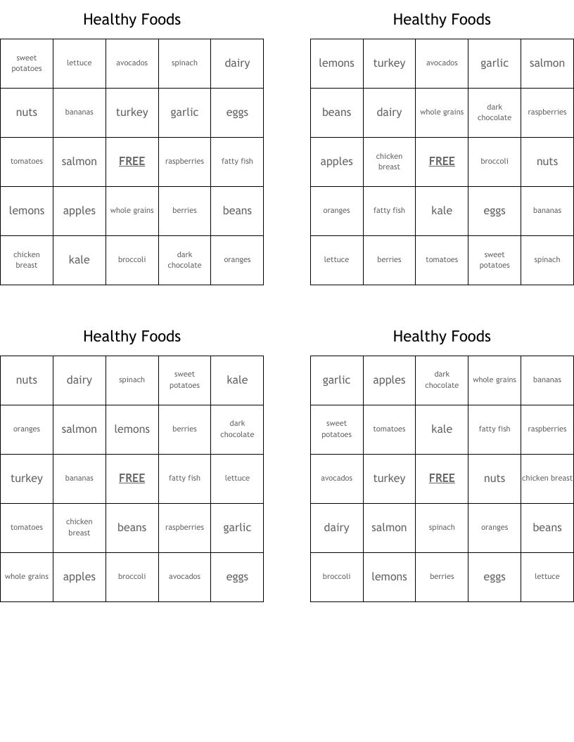 Healthy Foods Bingo Cards