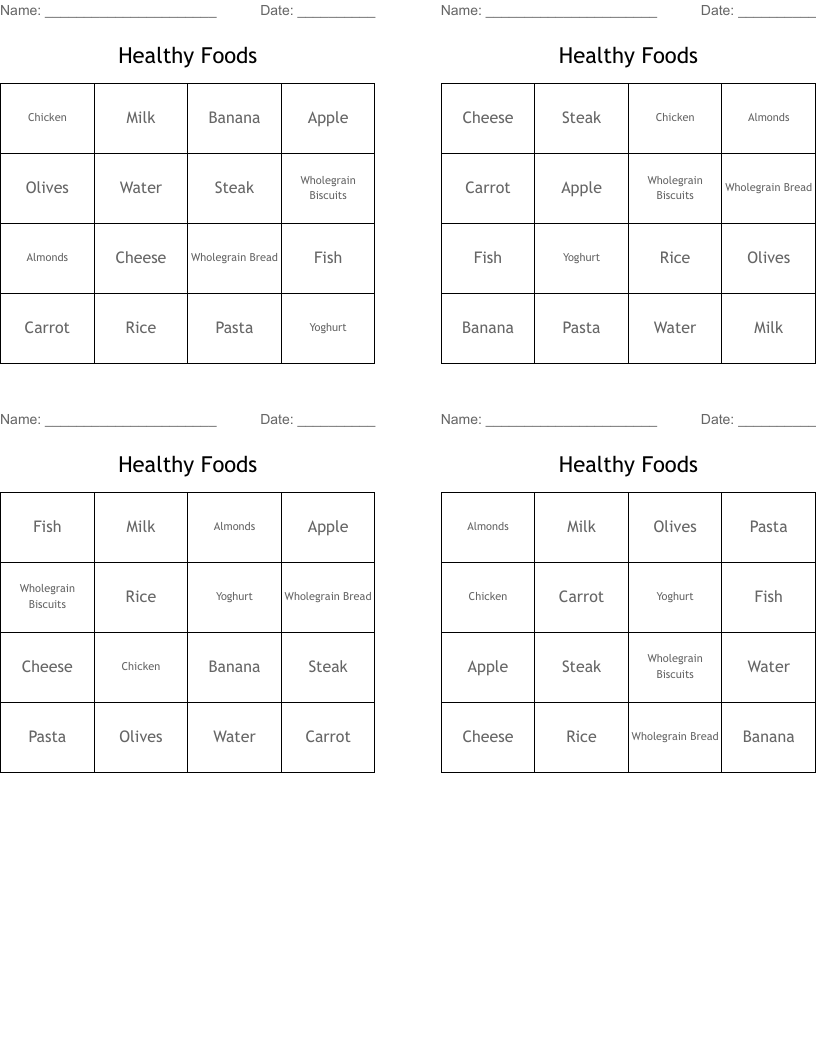 Healthy Foods  Bingo Cards