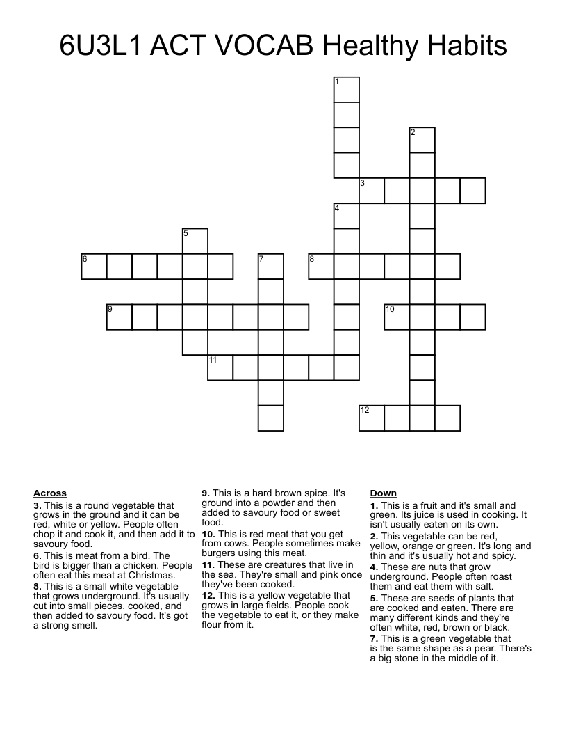 6U3L1 ACT VOCAB Healthy Habits Crossword