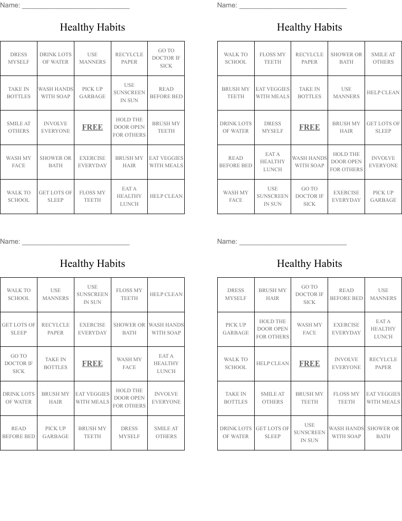Healthy Habits Bingo Cards