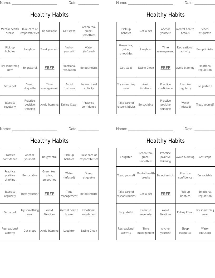 Healthy Habits Bingo Cards