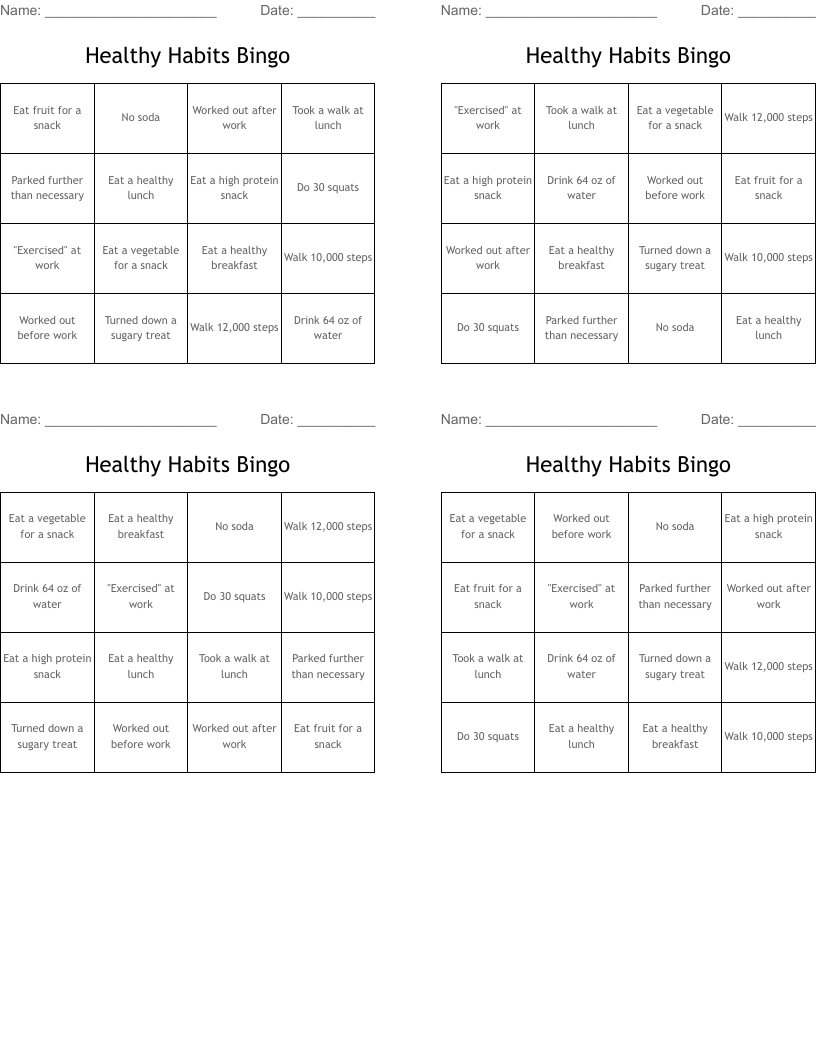 Healthy Habits Bingo