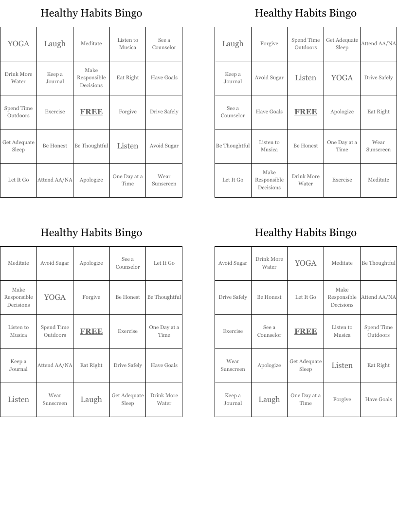 Healthy Habits Bingo
