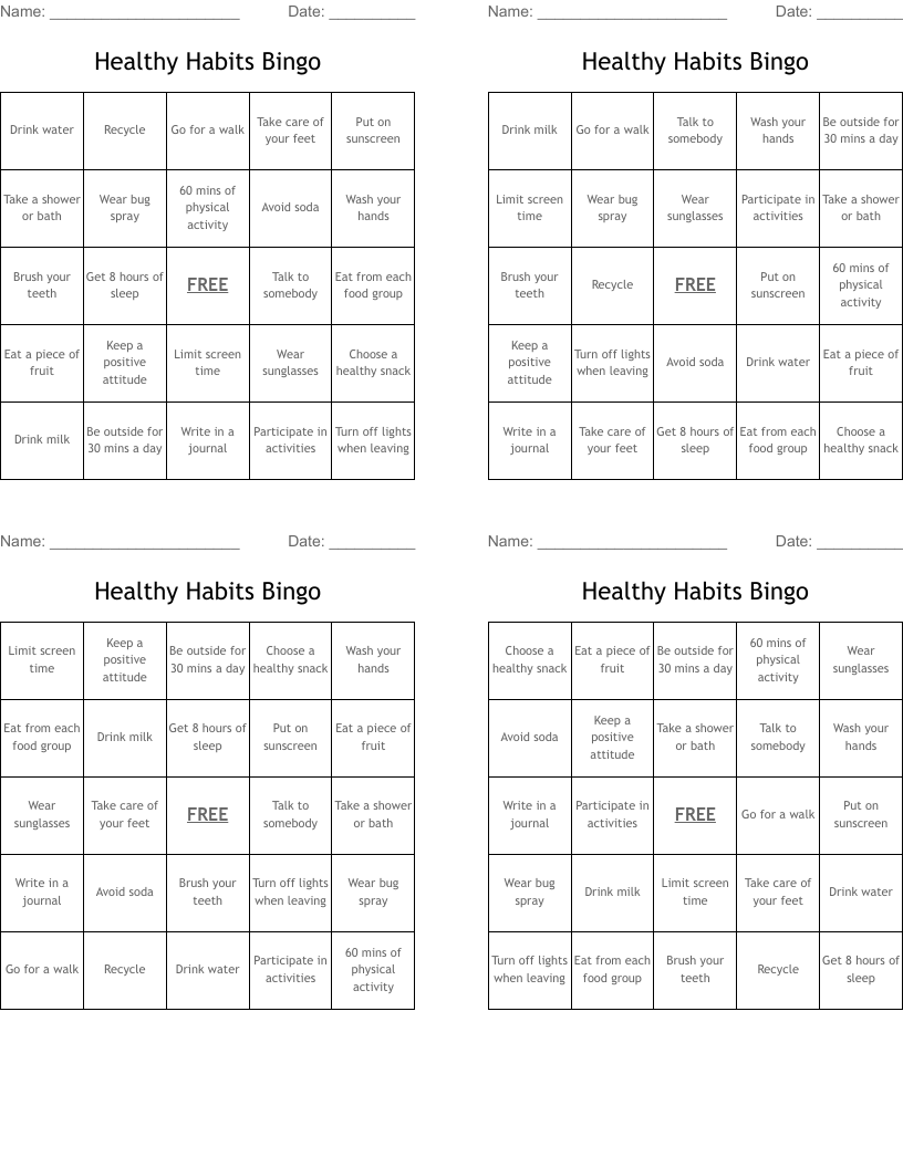 Healthy Habits Bingo