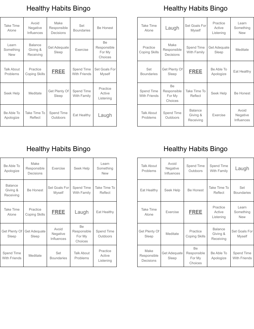Healthy Habits Bingo