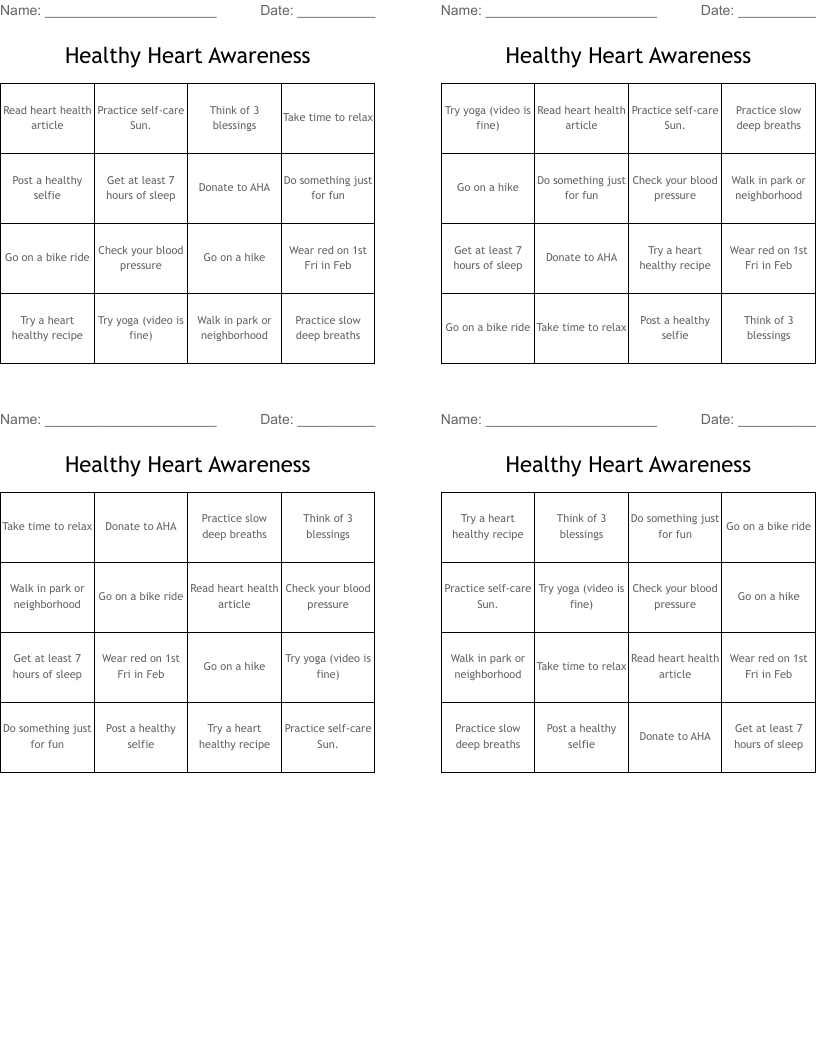 Healthy Heart Awareness Bingo Cards