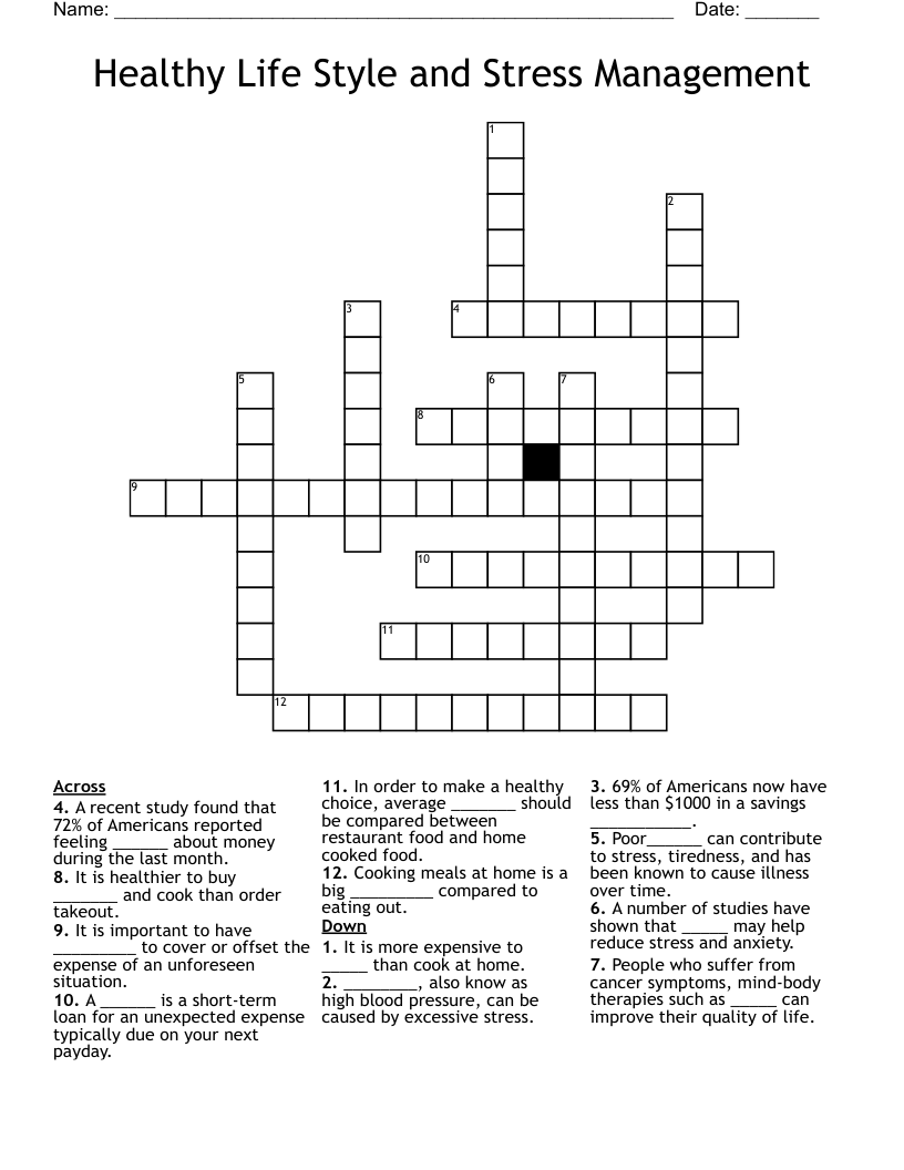 Healthy Life Style and Stress Management Crossword
