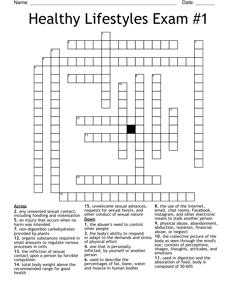 Healthy Lifestyles Exam #1 Crossword