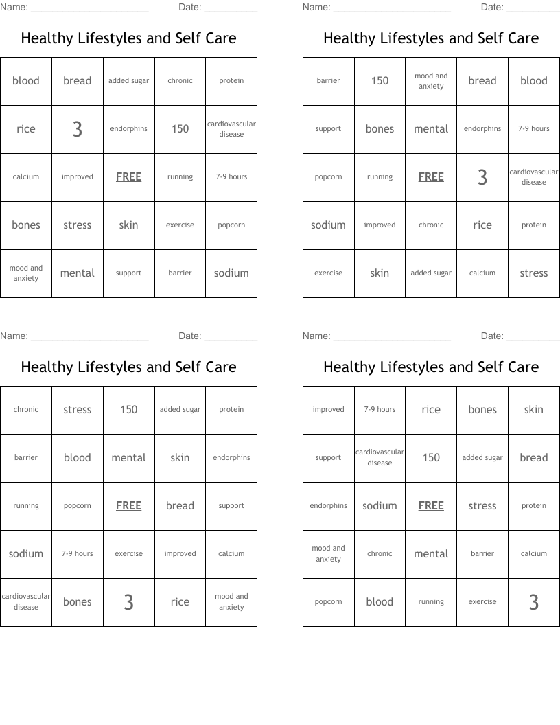 Healthy Lifestyles and Self Care Bingo Cards