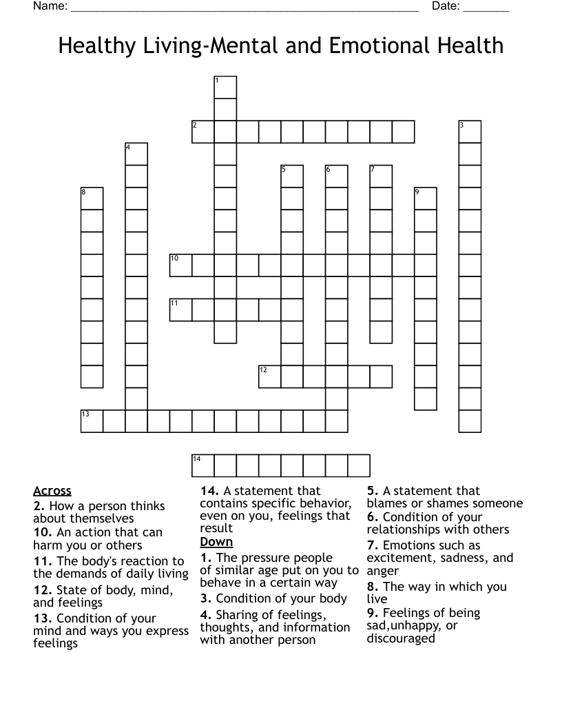 Healthy Living-Mental and Emotional Health Crossword