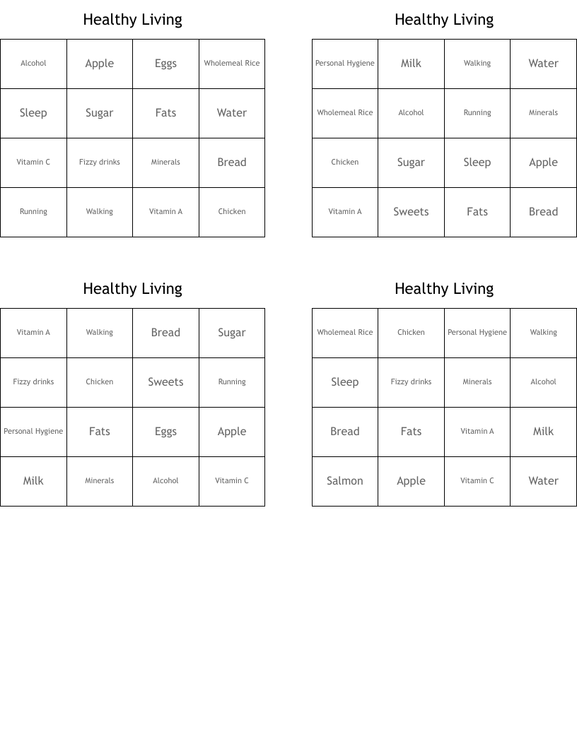 Healthy Living Bingo Cards