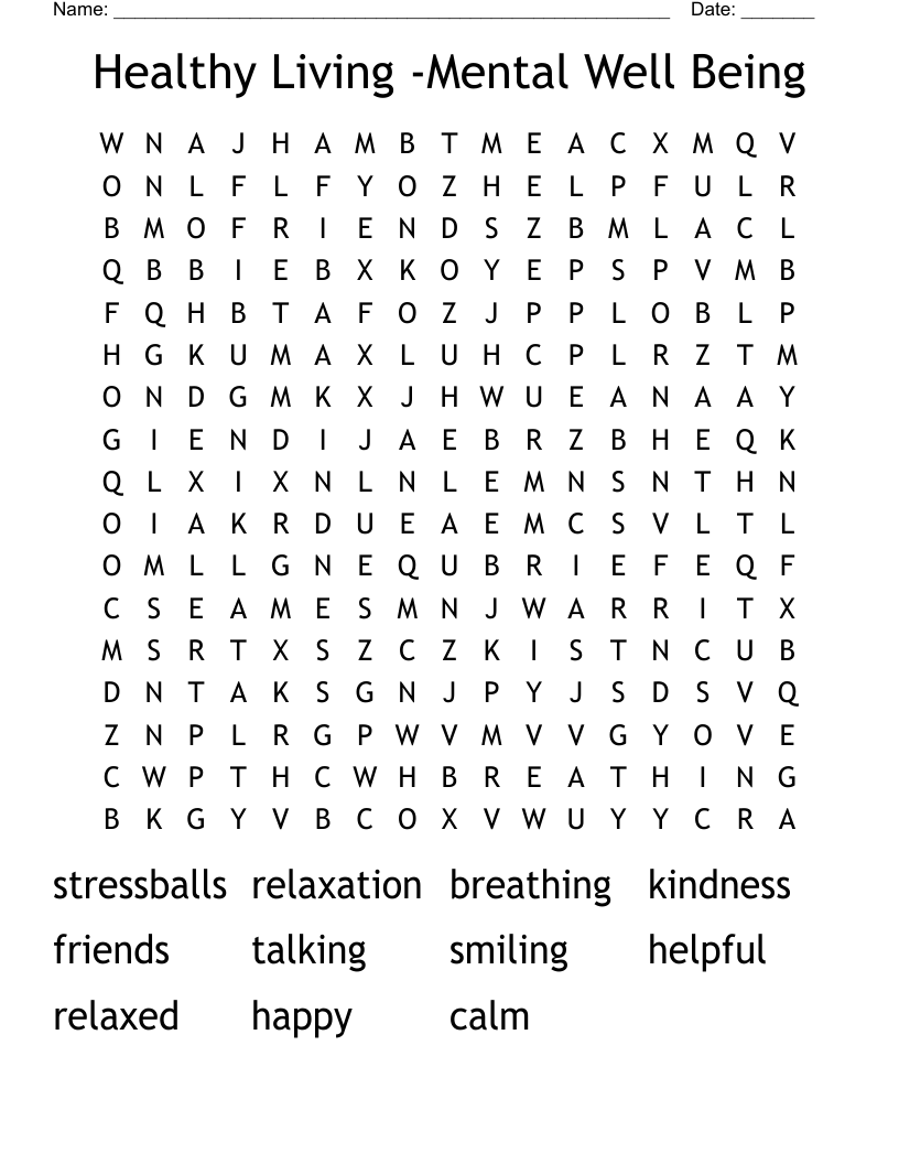 Healthy Living -Mental Well Being Word Search
