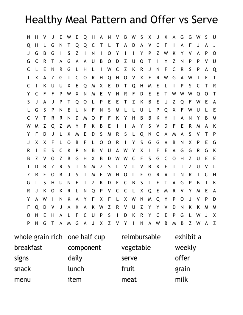 Healthy Meal Pattern and Offer vs Serve Word Search