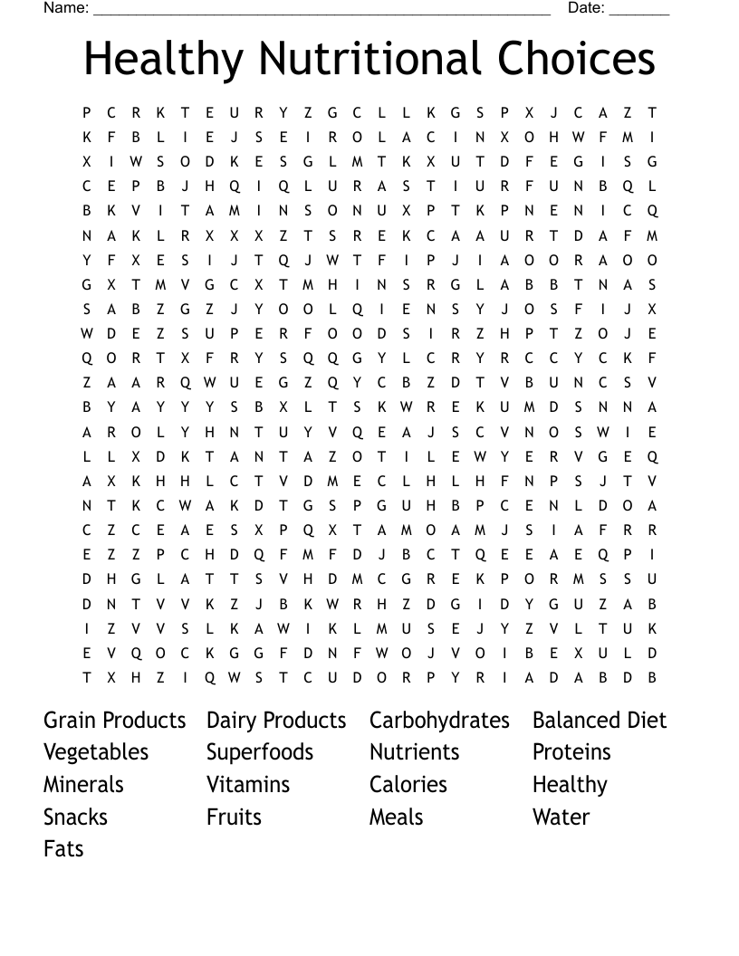 Healthy Nutritional Choices  Word Search