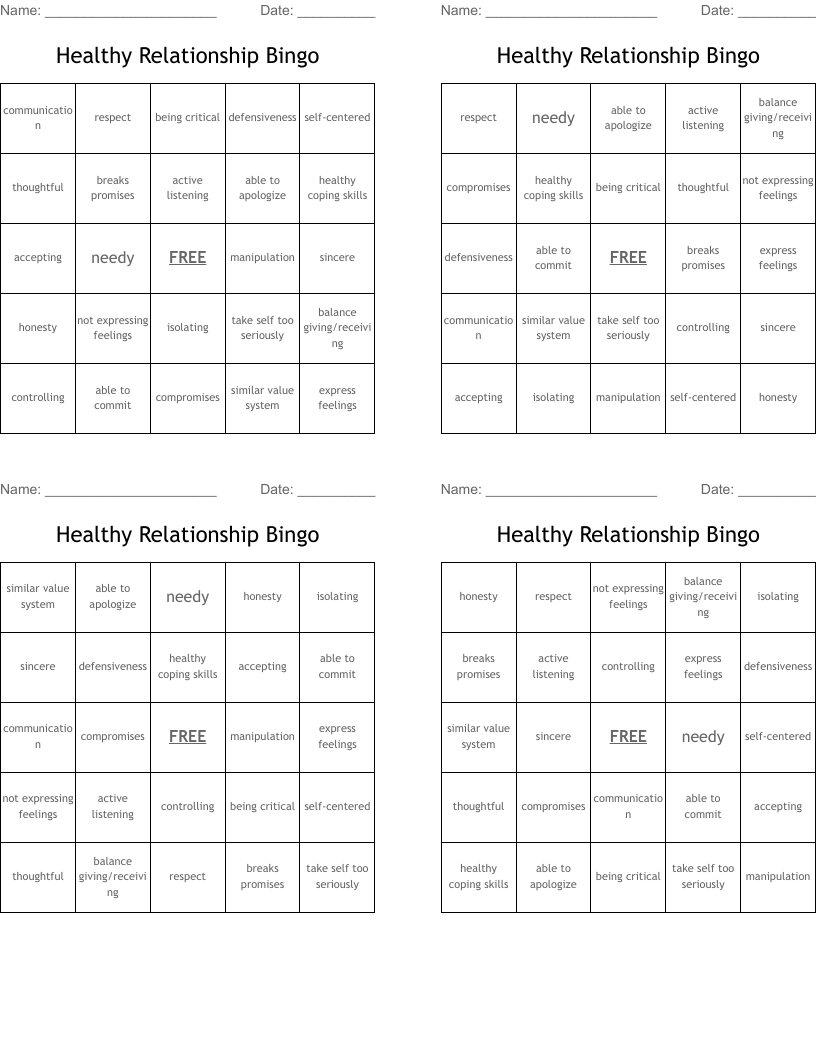 Healthy Relationship Bingo