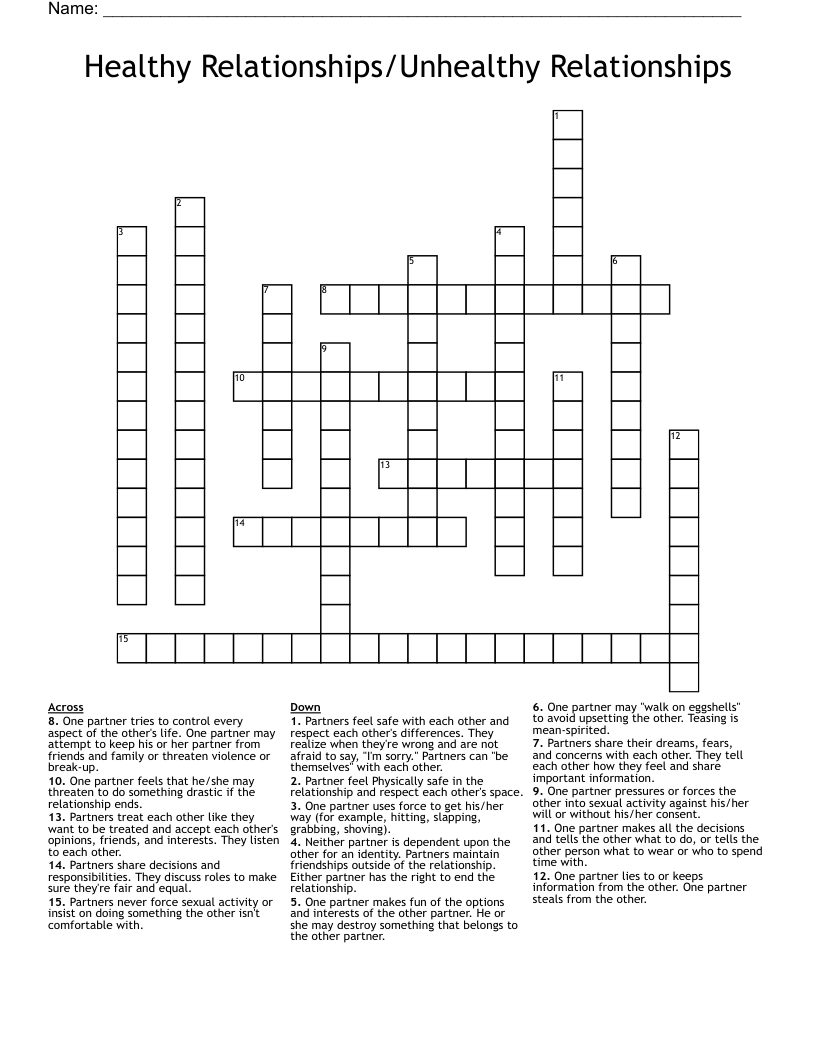 Healthy Relationships/Unhealthy Relationships Crossword