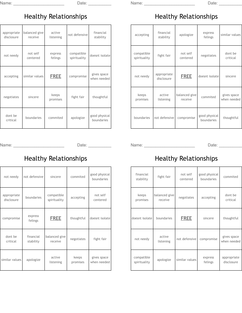 Healthy Relationships Bingo Cards
