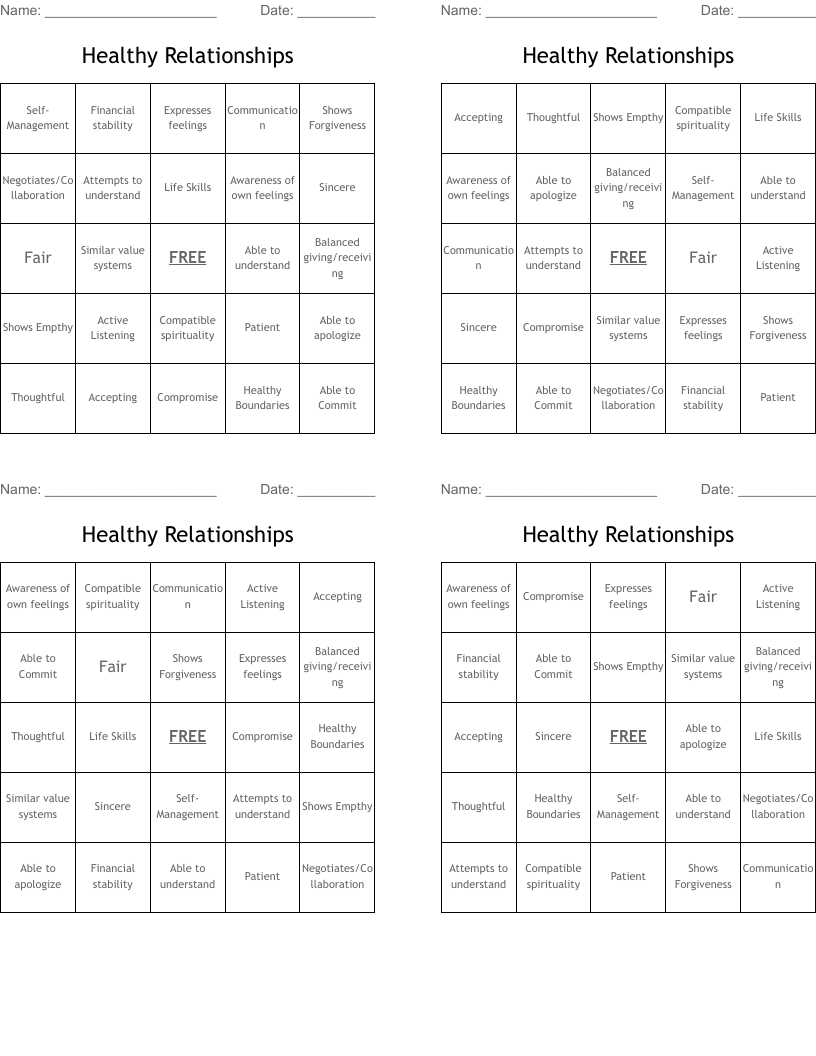 Healthy Relationships Bingo Cards