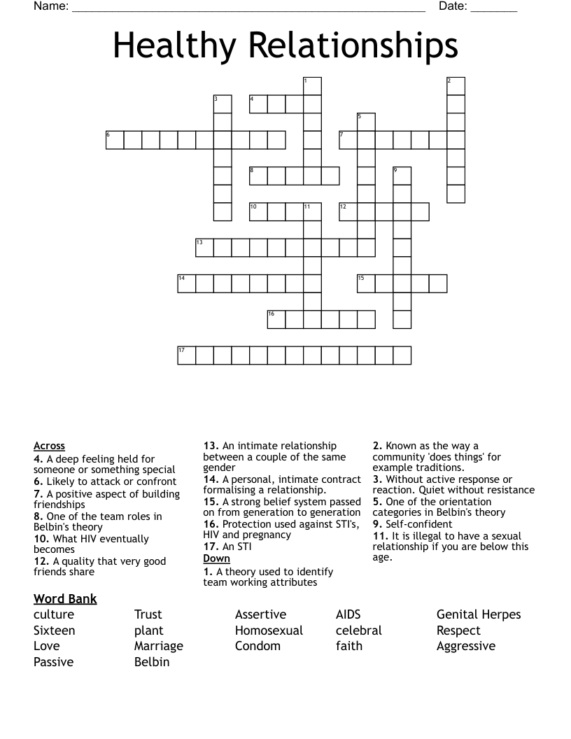 Healthy Relationships Crossword