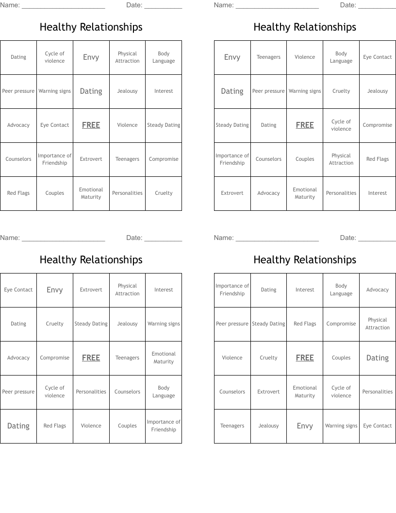 Healthy Relationships Bingo Cards