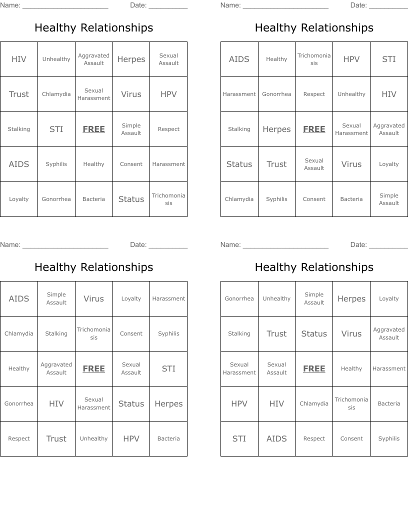 Healthy Relationships Bingo Cards
