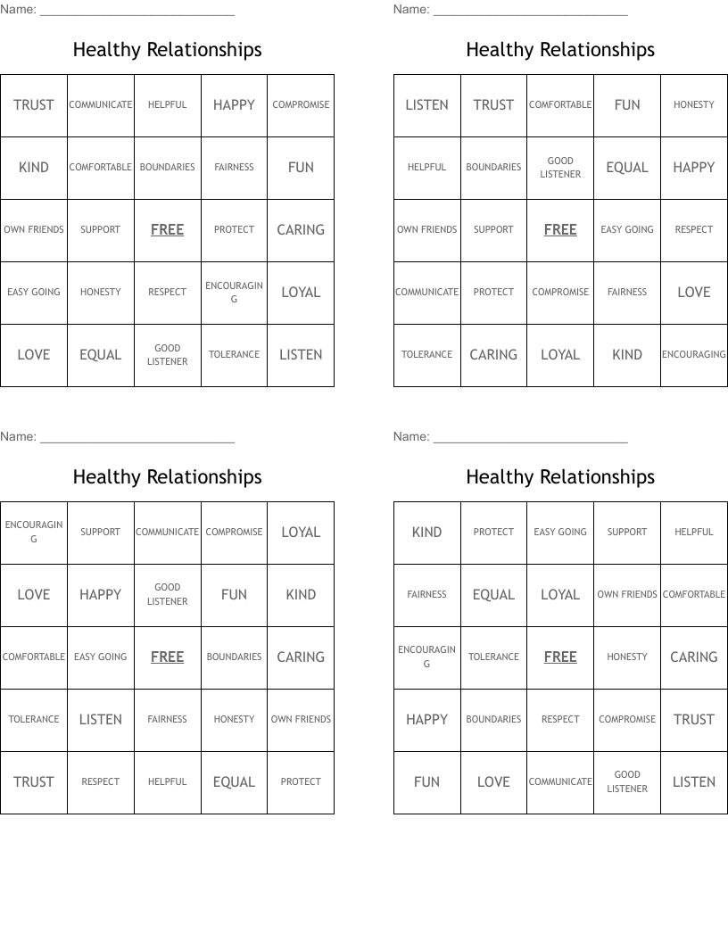 Healthy Relationships Bingo Cards