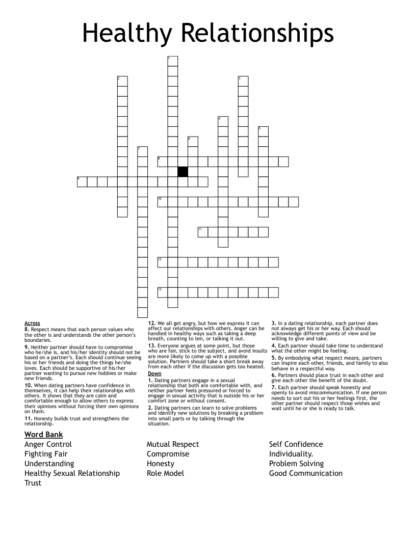 Healthy Relationships Crossword