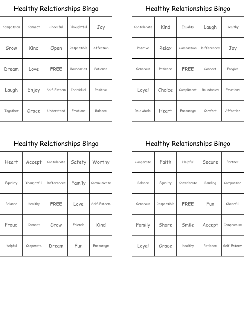Healthy Relationships Bingo