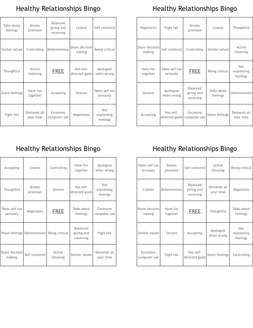 Healthy Relationships Bingo