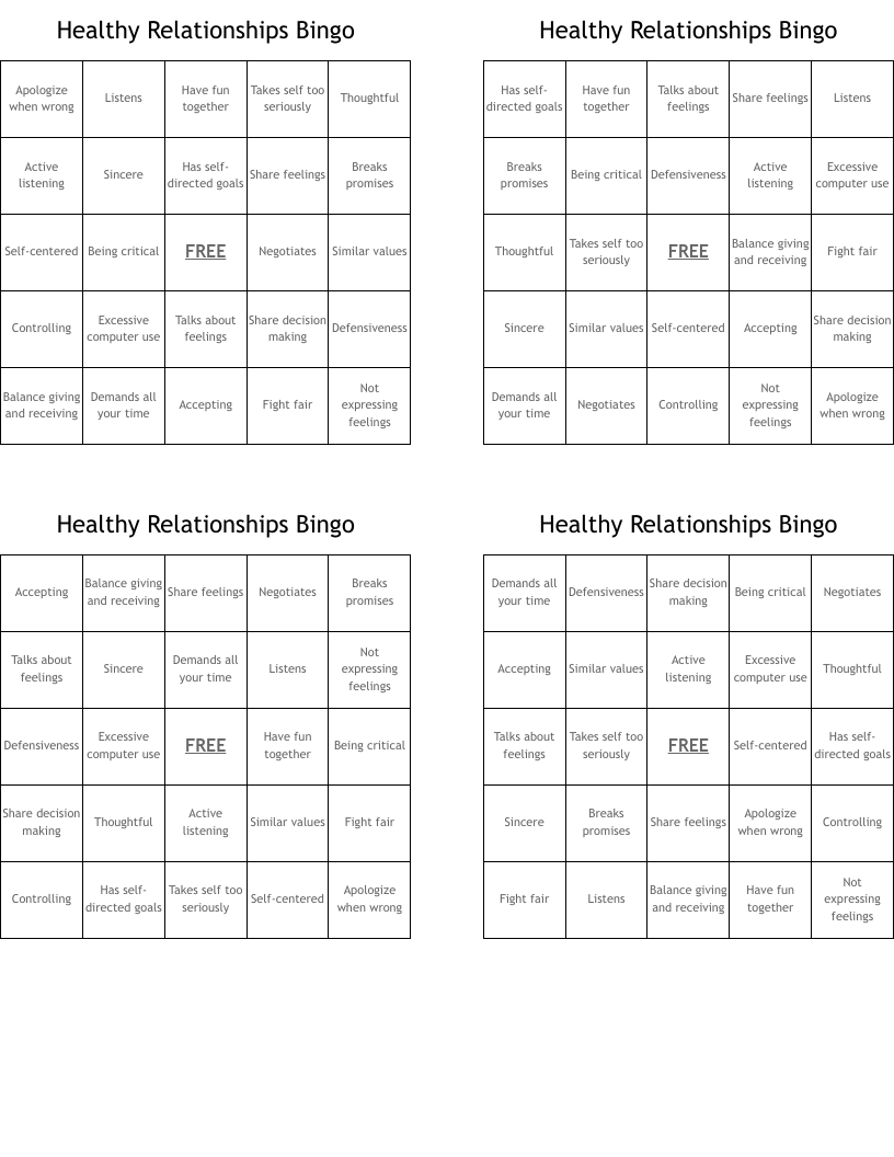 Healthy Relationships Bingo