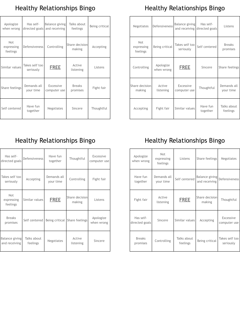 Healthy Relationships Bingo