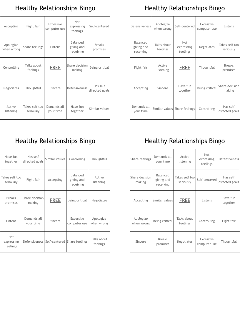 Healthy Relationships Bingo