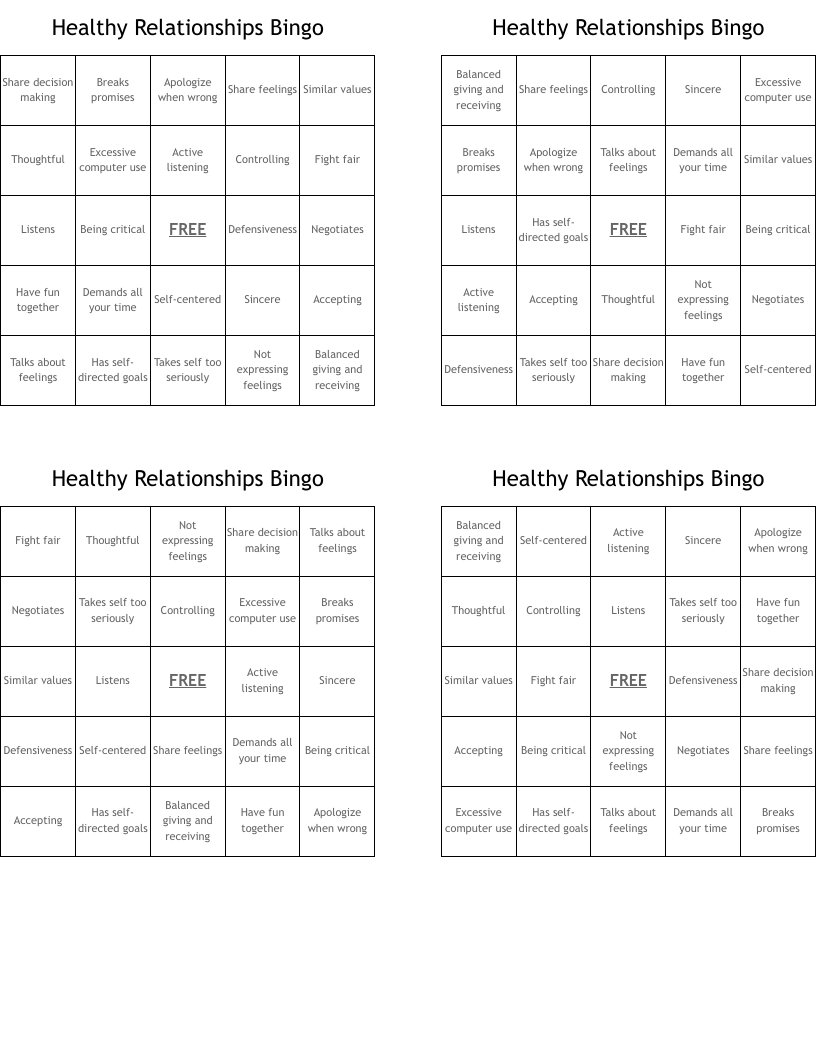 Healthy Relationships Bingo