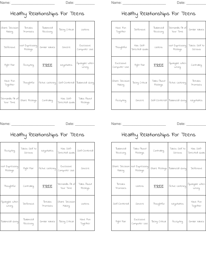 Healthy Relationships For Teens  Bingo Cards