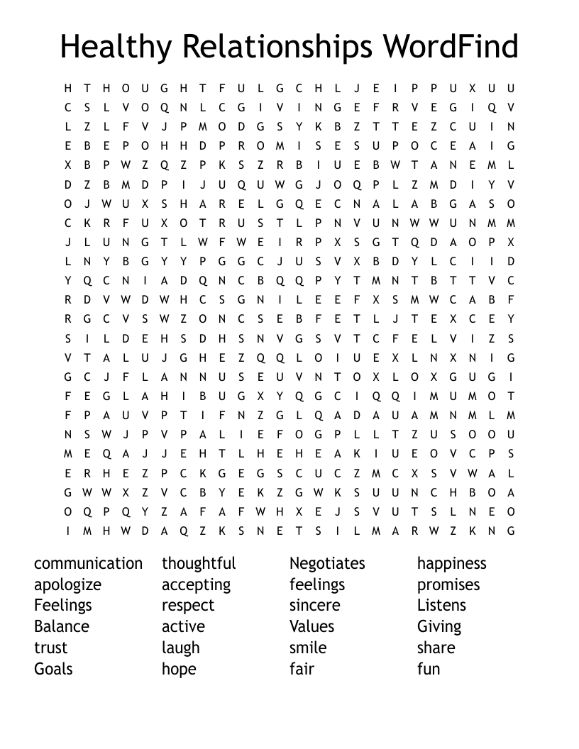 Healthy Relationships WordFind Word Search