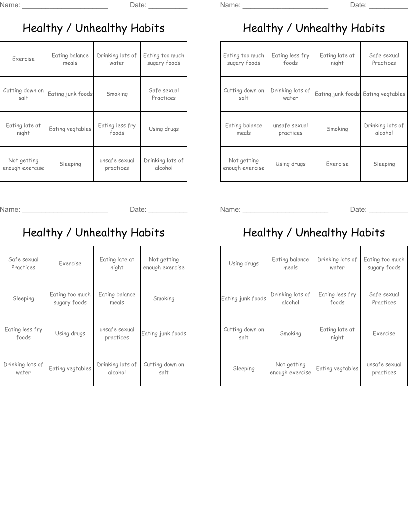 Healthy / Unhealthy Habits Bingo Cards