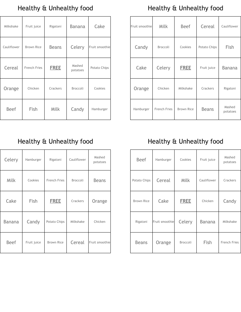 Healthy & Unhealthy  food Bingo Cards