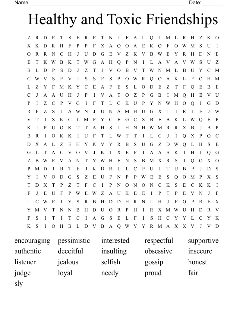 Healthy and Toxic Friendships Word Search