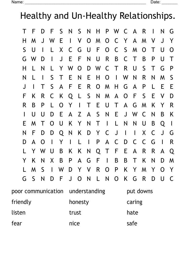 Healthy and Un-Healthy Relationships. Word Search