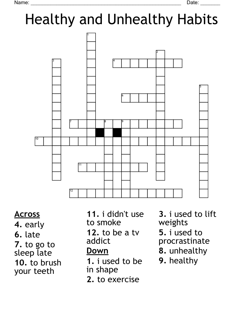 Healthy and Unhealthy Habits Crossword