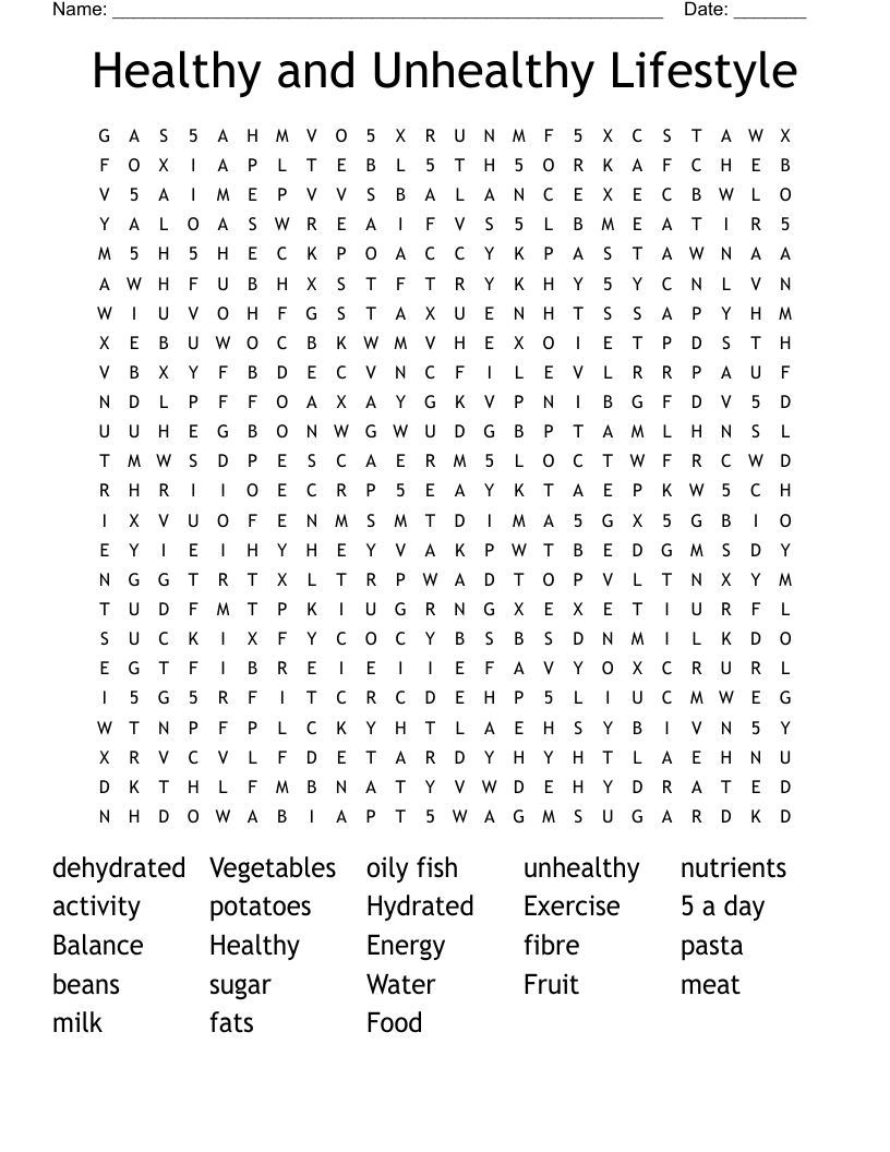 Healthy and Unhealthy Lifestyle Word Search