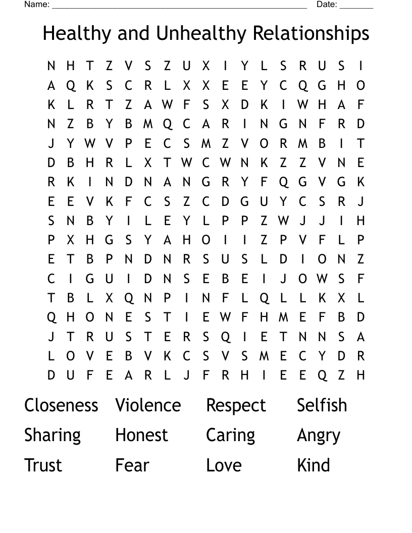 Healthy and Unhealthy Relationships Word Search