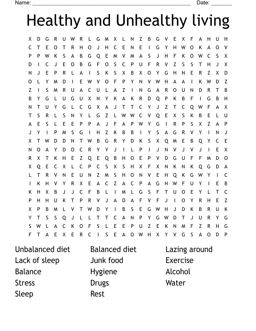 Healthy and Unhealthy living Word Search