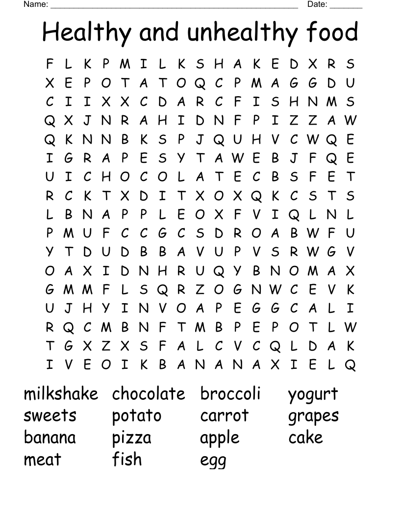 Healthy and unhealthy food Word Search